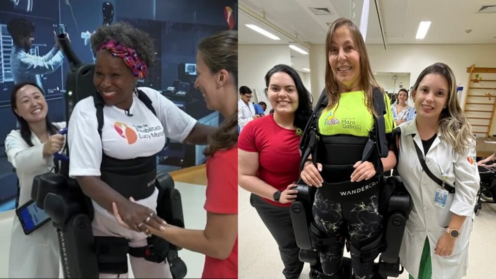 #descriçãodaimagem #pratodosverem montagem com duas fotos de Cleuza e Mara caminhando com o exoesqueleto. Elas estão sendo auxiliadas por profissionais da Rede Lucy Montoro.