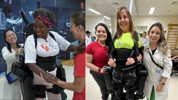 #descriçãodaimagem #pratodosverem montagem com duas fotos de Cleuza e Mara caminhando com o exoesqueleto. Elas estão sendo auxiliadas por profissionais da Rede Lucy Montoro.