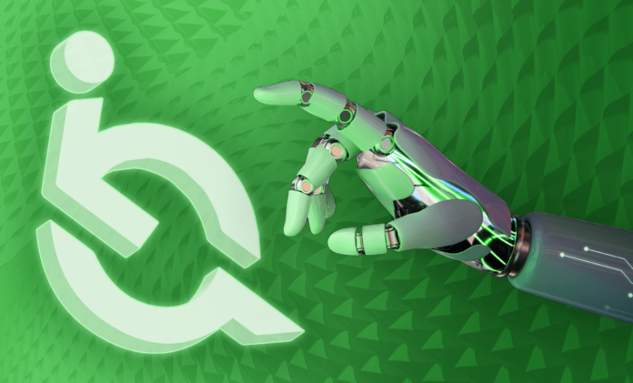 #descriçãodaimagem #pratodosverem arte com fundo verde. Nela está um braço robótico prestes a tocar no logo da EqualWeb.