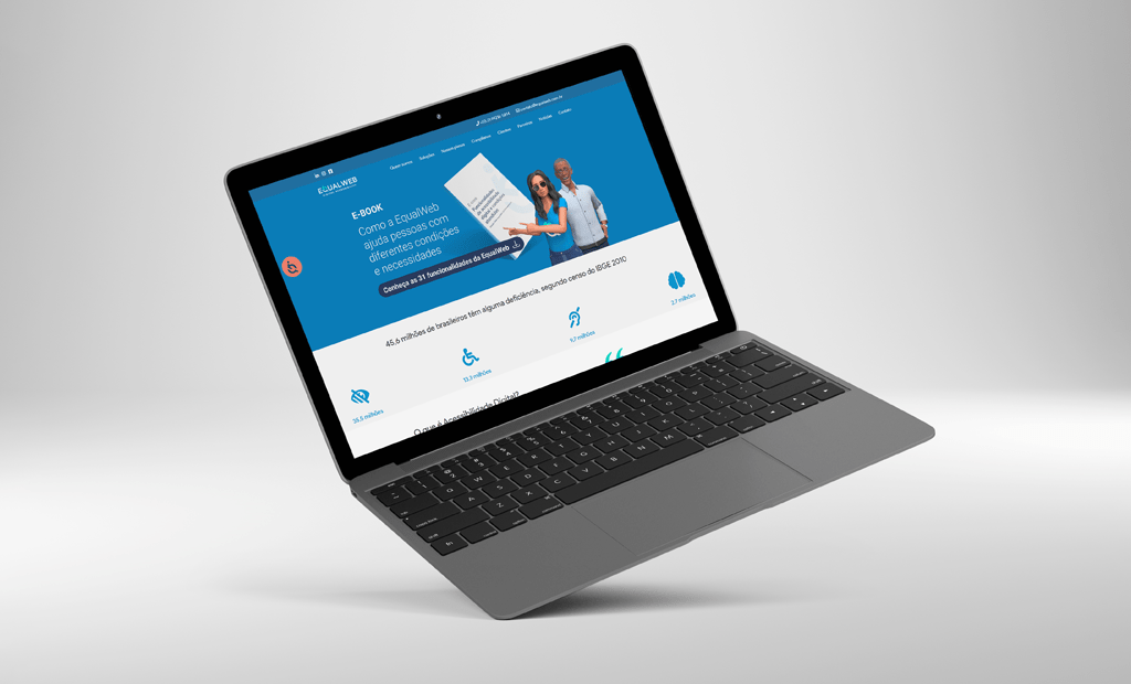 3 #descriçãodaimagem #pratodosverem foto de um notebook aberto com a imagem do site da EqualWeb na tela inicial.
