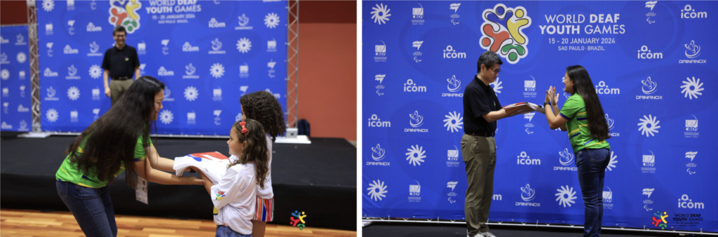 #descriçãodaimagem #pratodosverem montagem com duas fotos da cerimônia de encerramento dos Jogos Mundiais da Juventude Surda.