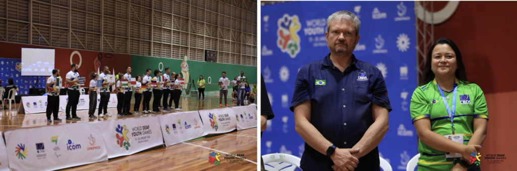 #descriçãodaimagem #pratodosverem montagem com duas fotos da cerimônia de encerramento dos Jogos Mundiais da Juventude Surda.