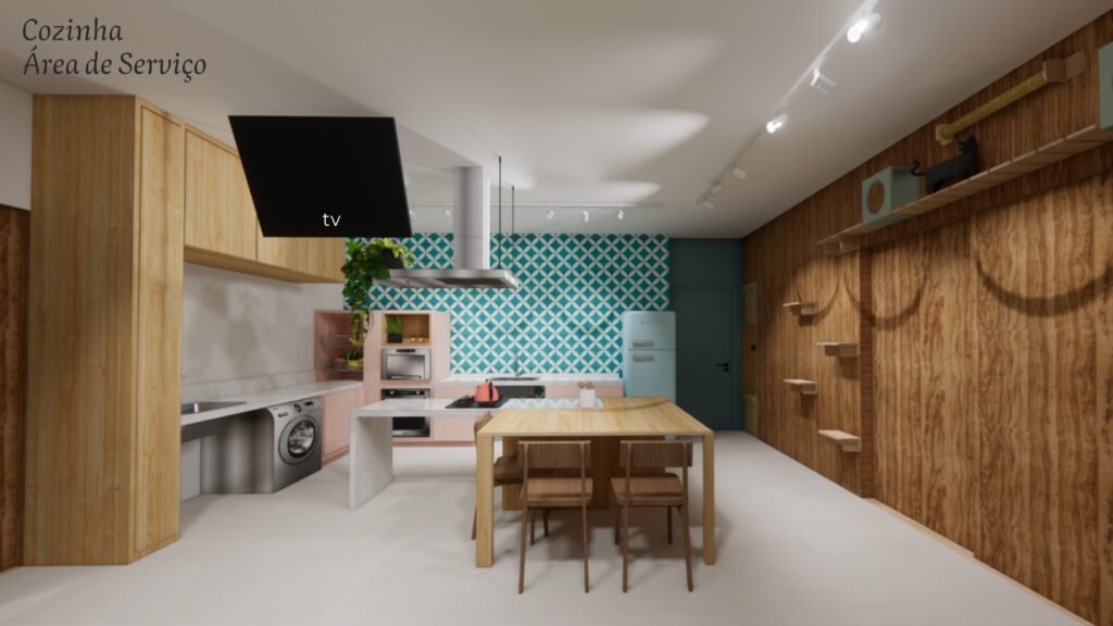 #descriçãodaimagem #pratodosverem foto de um projeto de arquitetura para uma cozinha e área de serviço, com acessibilidade.