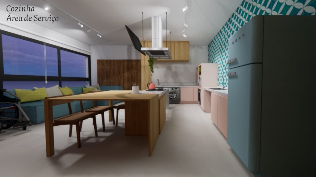 #descriçãodaimagem #pratodosverem foto de um projeto de arquitetura para uma cozinha e área de serviço, com acessibilidade.