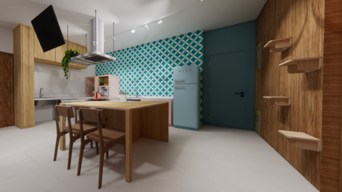 #descriçãodaimagem #pratodosverem foto de um projeto de arquitetura para uma cozinha e área de serviço, com acessibilidade.