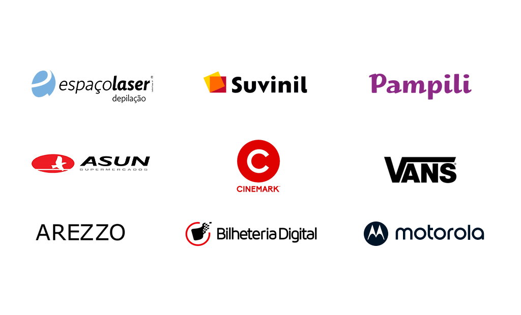 #descriçãodaimagem #pratodosverem imagens das logos das empresas Espaço laser, Suvinil, Pampili, Asun Mercados, Cinemark, Vans, Arezzo, Bilheteria Digital e Motorola.