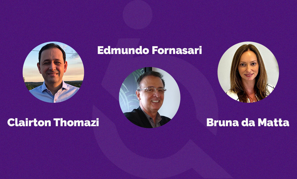 #descriçãodaimagem #pratodosverem arte com fundo roxo. Nela estão as fotos de três integrantes do time EqualWeb Brasil.
