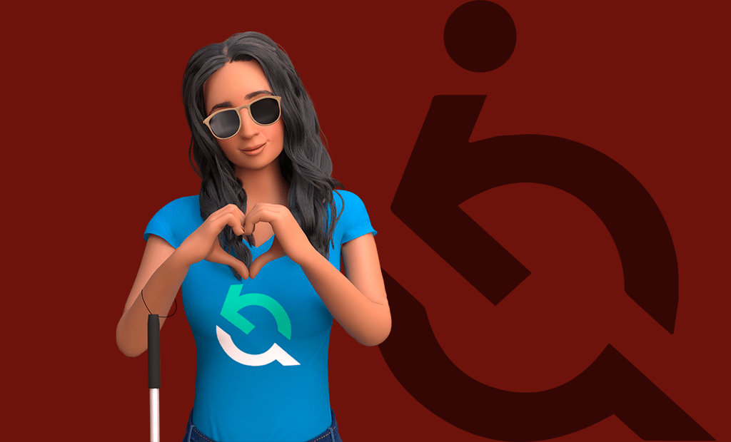 #descriçãodaimagem #pratodosverem imagem da Ewa personagem da EqualWeb de blusa azul e fazendo coração na mão. A ilustração está em um fundo vinho com uma logo em transparência da EqualWeb.