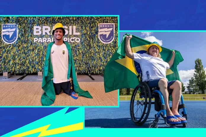 #descriçãodaimagem #pratodosverem arte com as fotos dos porta-bandeiras do Brasil, Gabriel Araújo e Beth Gomes.