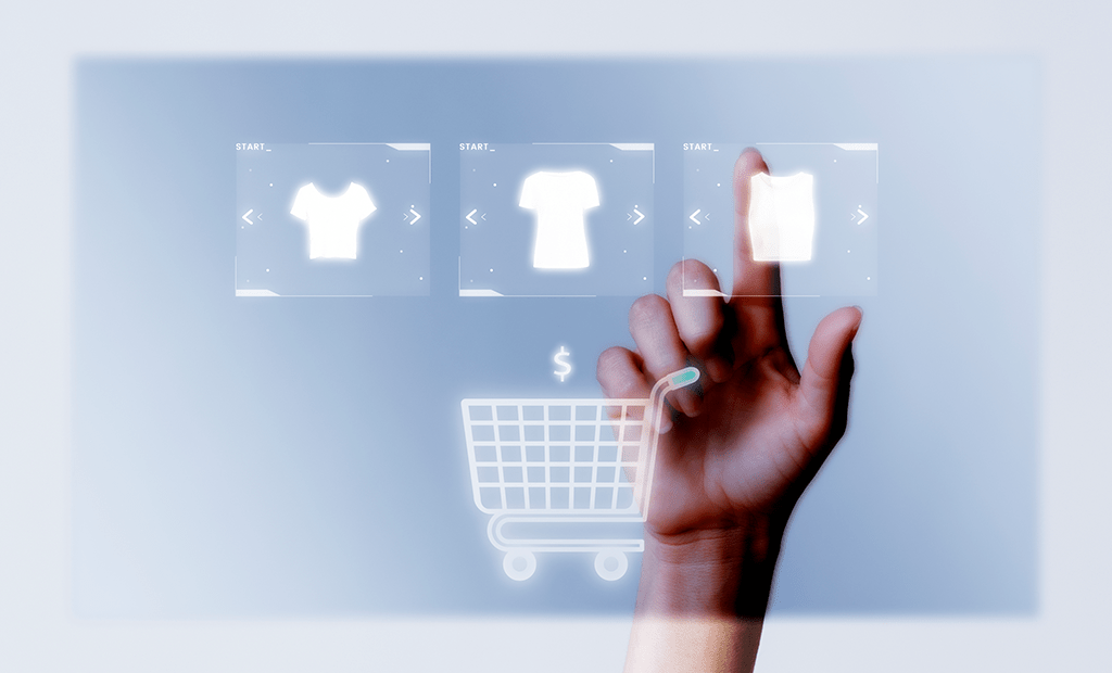 #descriçãodaimagem #pratodosverem foto da simulação de uma mão fazendo compras on-line.