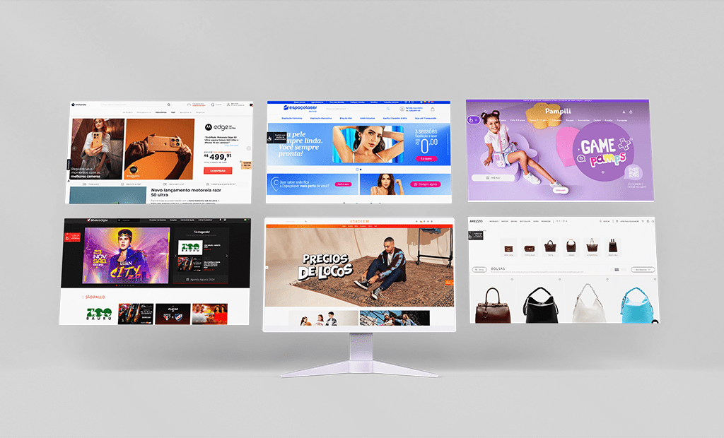 #descriçãodaimagem #pratodosverem foto de alguns e-commerces de clientes da EqualWeb como: Motorola, Espaçolaser, Pampili, Arezzo, e Bilheteria Digital.