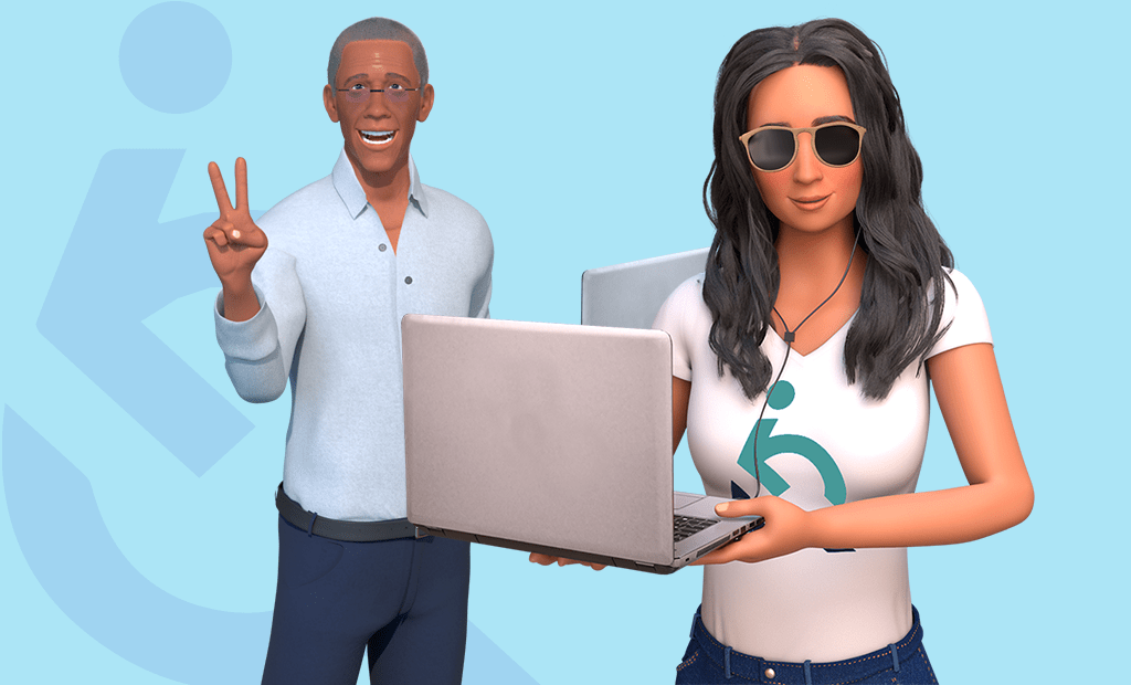 #descriçãodaimagem #pratodosverem imagem com fundo azul claro. Nela estão os personagem da EqualWeb: Ewa e Ewerton.