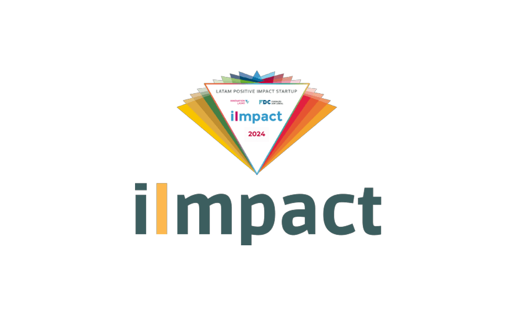 #descriçãodaimagem #pratodosverem logo com o texto ‘ilmpact 2024’. O design inclui uma composição de triângulos coloridos, em tons vibrantes como amarelo, laranja, azul e verde, dispostos em forma de leque ou pirâmide. No topo, há a frase: LATAM POSITIVE IMPACT STARTUP’