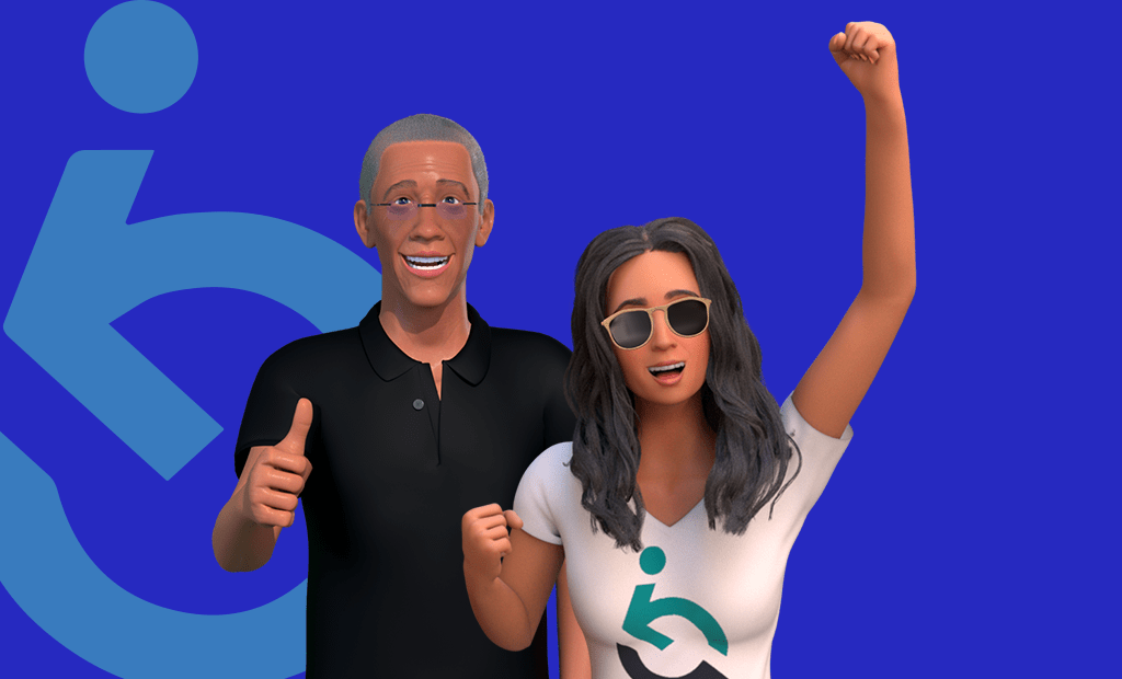 #descriçãodaimagem #pratodosverem imagem de Ewerton e Ewa, personagens da EqualWeb, em um fundo azul com o símbolo da EqualWeb em destaque. Ewerton, que possui cabelos curtos e grisalhos, está usando óculos, veste uma camisa polo preta, sorri e faz um gesto positivo com o polegar levantado. Ao lado dele, Ewa, com cabelos longos e escuros, usa óculos de sol e uma camiseta branca com o símbolo da EqualWeb em verde e preto estampado na frente. A imagem transmite uma mensagem de inclusão e acessibilidade digital