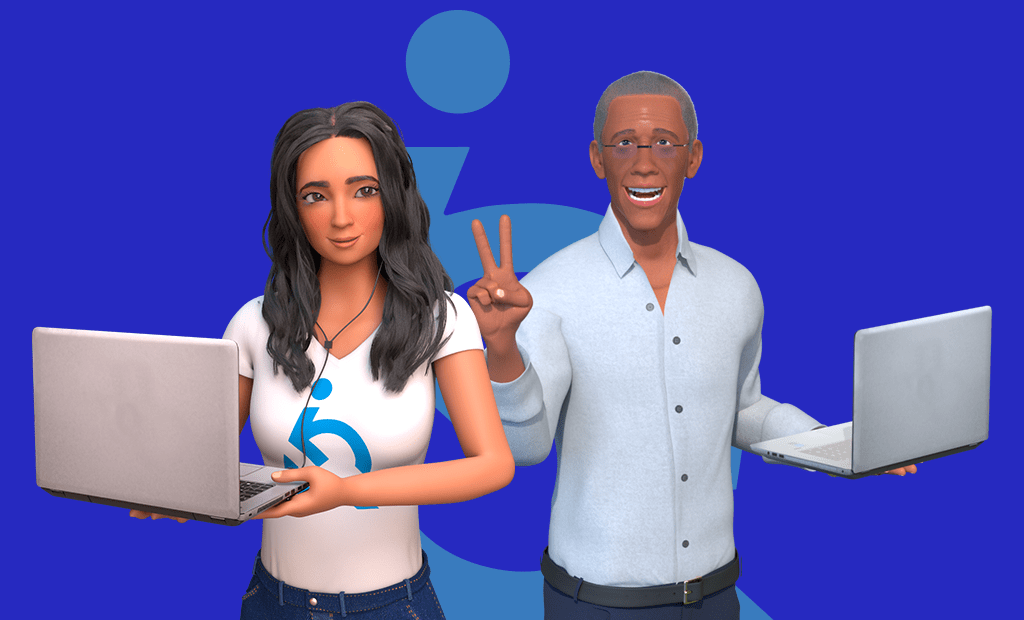 #descriçãodaimagem #pratodosverem arte com a imagem dos personagens Ewa e Ewerton, embaixadores da EqualWeb Brasil. Eles estão lado a lado em um ambiente digital. À esquerda está Ewa, com cabelos longos, ondulados e escuros. Ela veste uma camiseta branca com o logotipo da EqualWeb e segura um laptop com ambas as mãos, olhando de forma confiante para a frente. À direita está Ewerton, com cabelo curto grisalho e óculos. Ele veste uma camisa social clara, segura um laptop com a mão esquerda e faz um gesto de V com a mão.